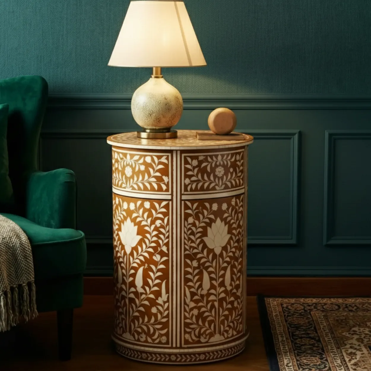 Bone Inlay Brown Round Bedside Table - Image 2