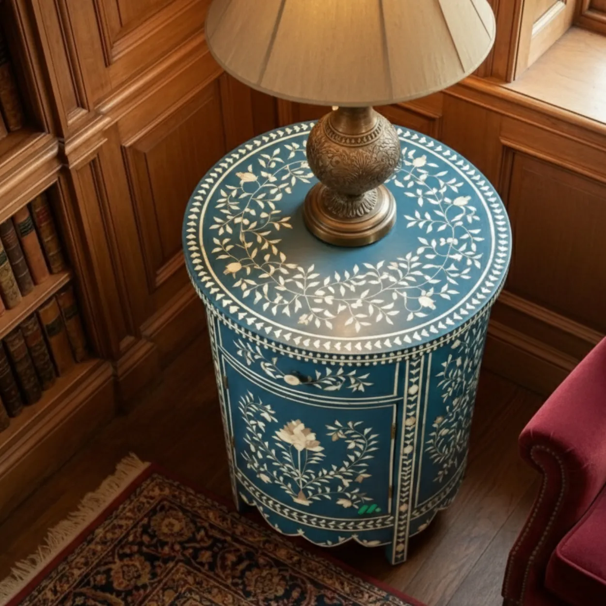 Bone Inlay Blue Round Bedside Table - Image 3