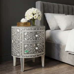 Mother of Pearl Grey Round Bedside Table
