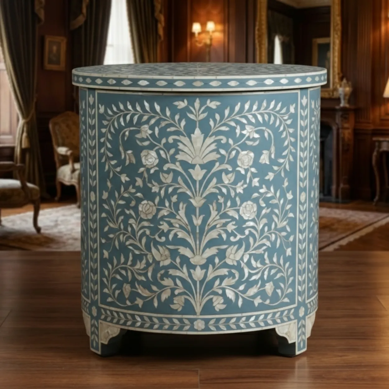 Mother Of Pearl Blue Round Bedside Table with 2 Drawer - Image 3