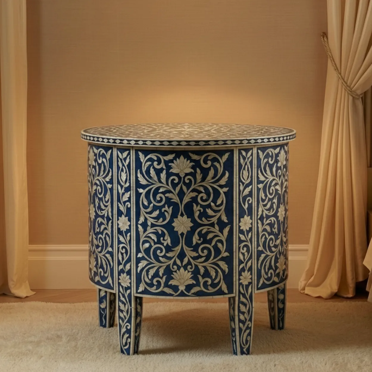 Mother Of Pearl Navy Blue Round Bedside Table with 2 Drawers - Image 2