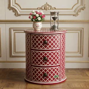 Bone Inlay Red Round Bedside Table
