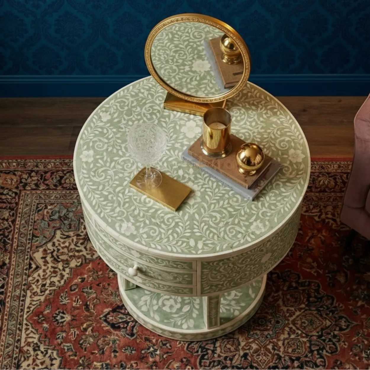Mother Of Pearl Green Round Bedside Table with 1 Drawer - Image 3