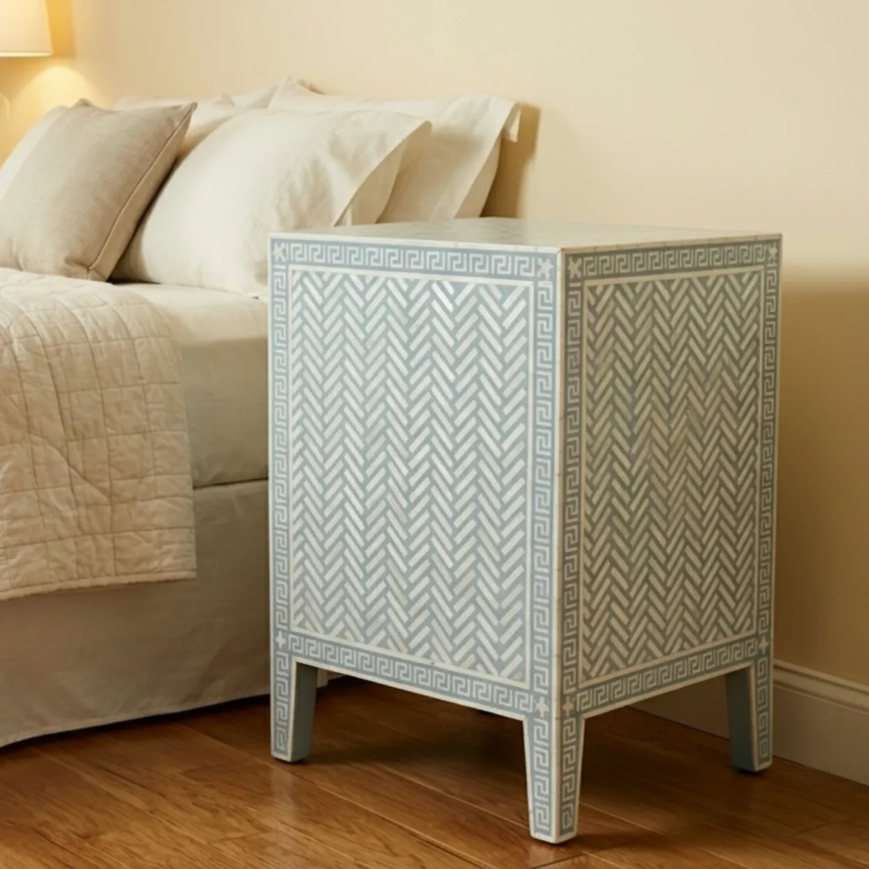 Mother Of Pearl Blue Bedside Table with 3 Drawer - Image 2