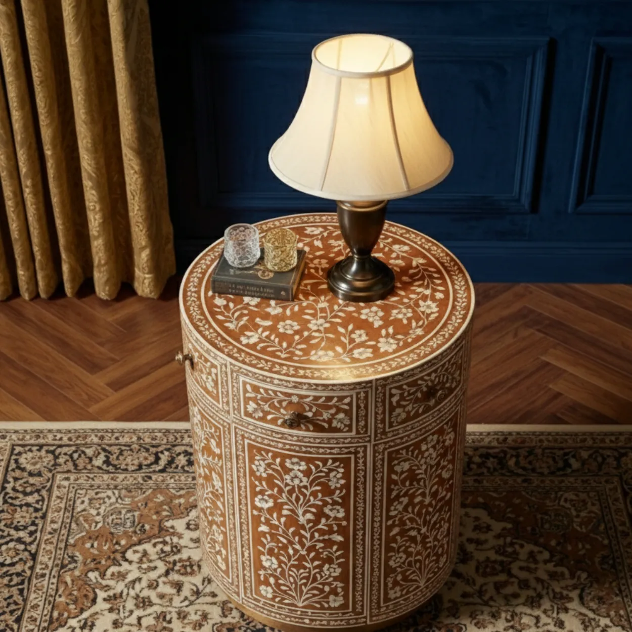 Mother Of Pearl Brown Round Bedside Table - Image 4