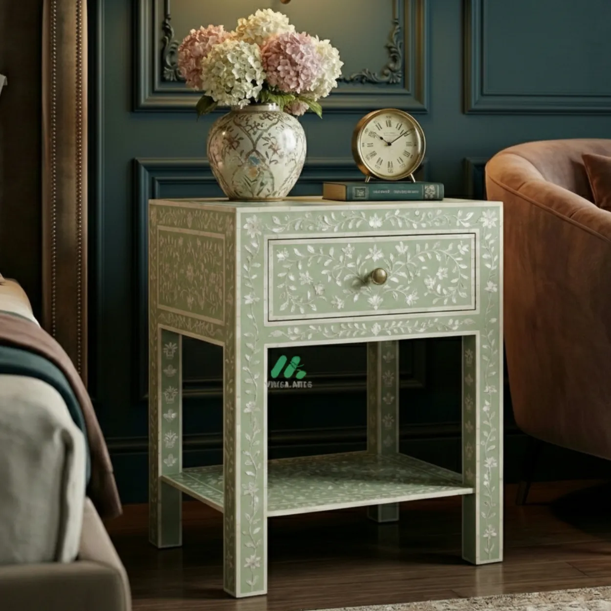 Mother Of Pearl Light Green Bedside Table with 1 Drawer - Image 3