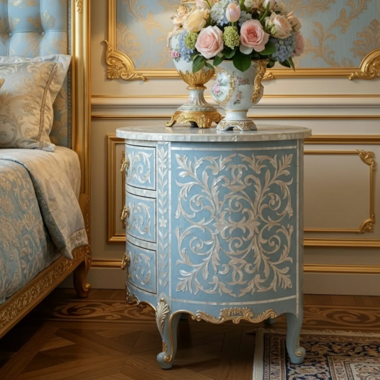 Mother Of Pearl Light Blue Round Bedside Table with 3 Drawer - Image 4
