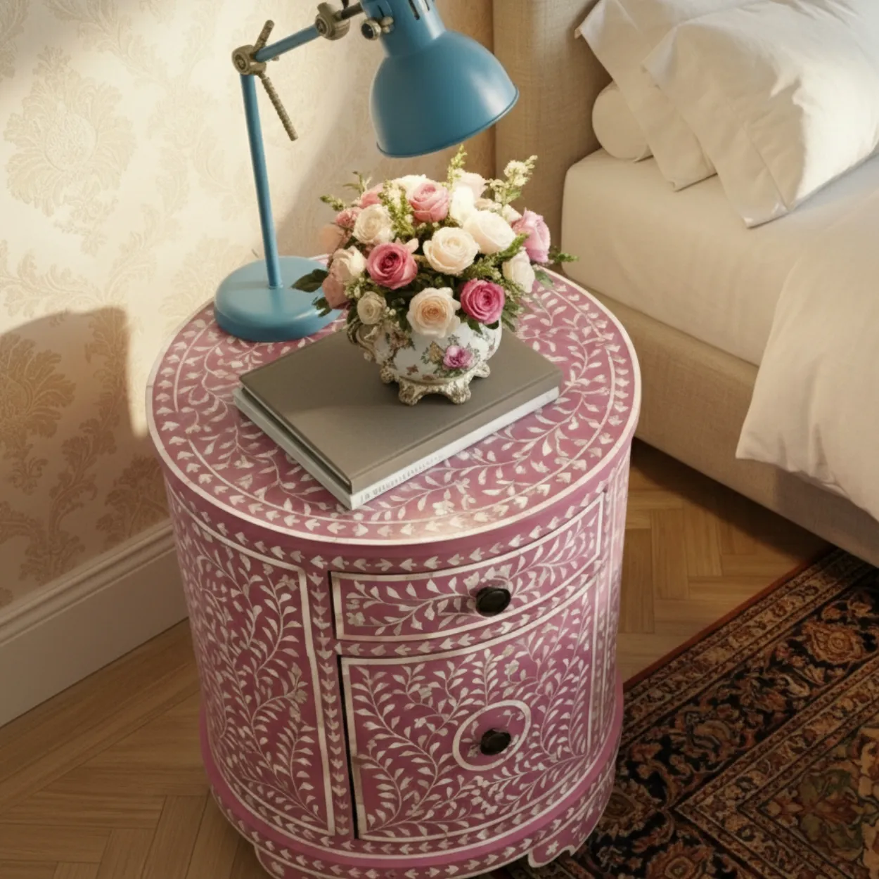Mother Of Pearl Pink Round Bedside Table - Image 4