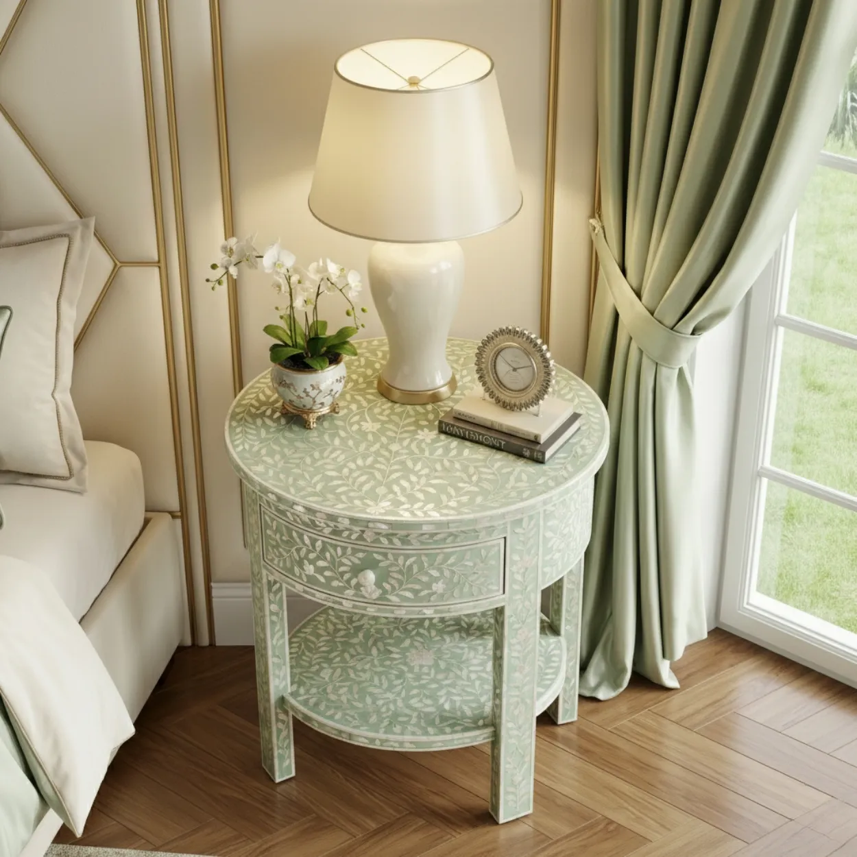 Mother Of Pearl Light Green Round Bedside Table with 1 Drawer - Image 3