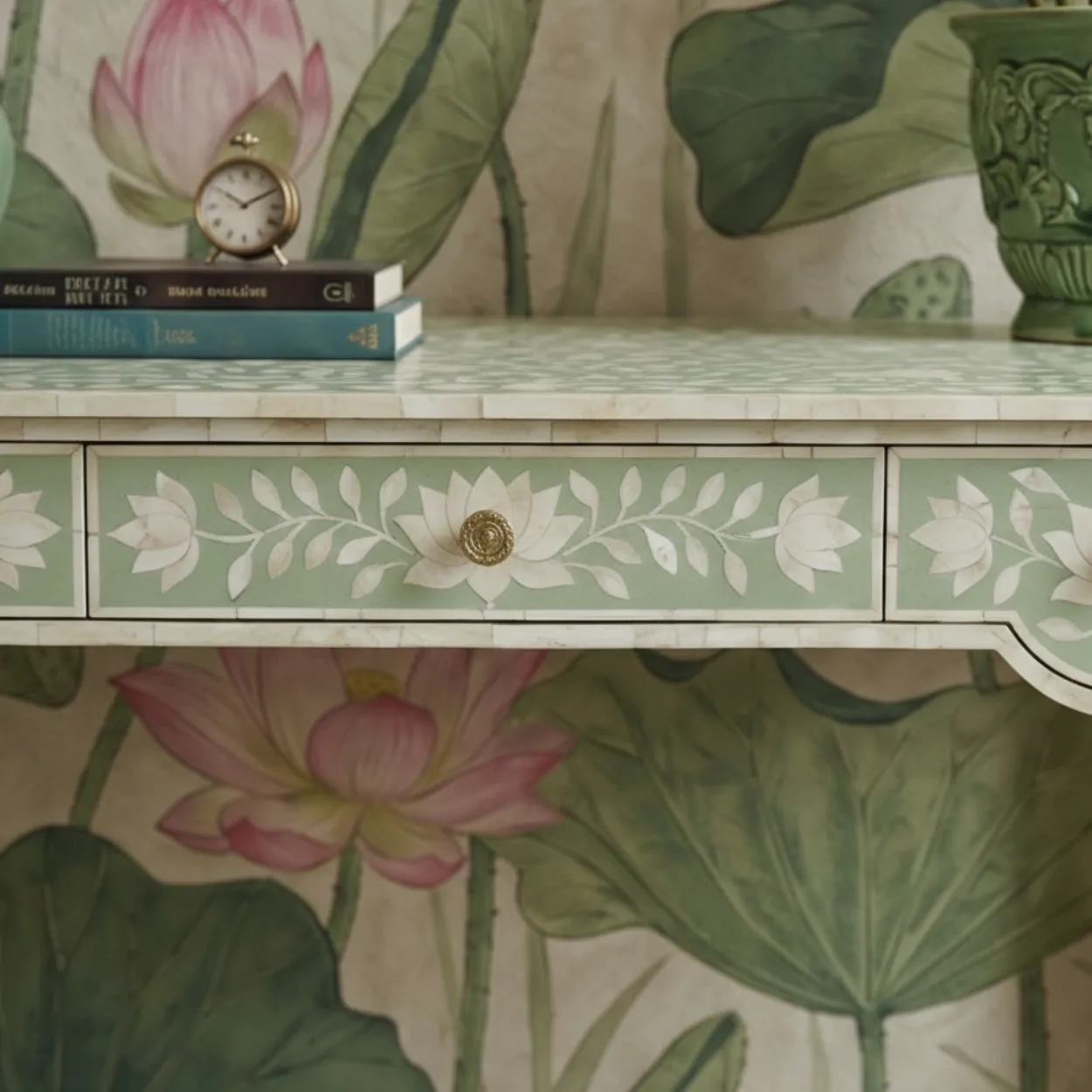 Bone Inlay Green Console Table - Image 4