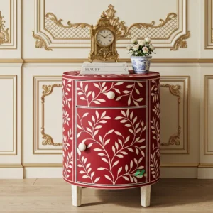 Bone Inlay Red Round Bedside Table