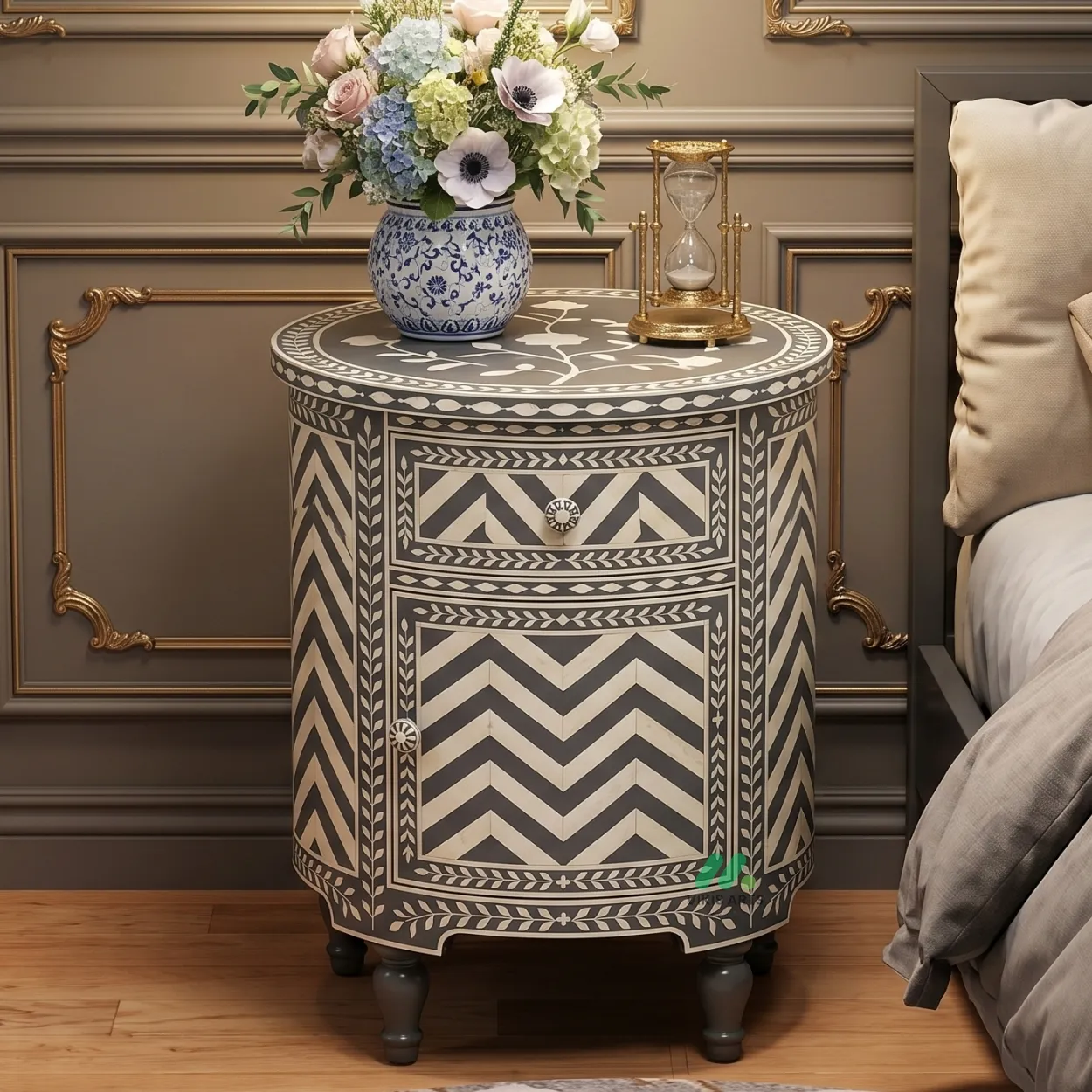 Bone Inlay Grey Round Bedside Table with 2