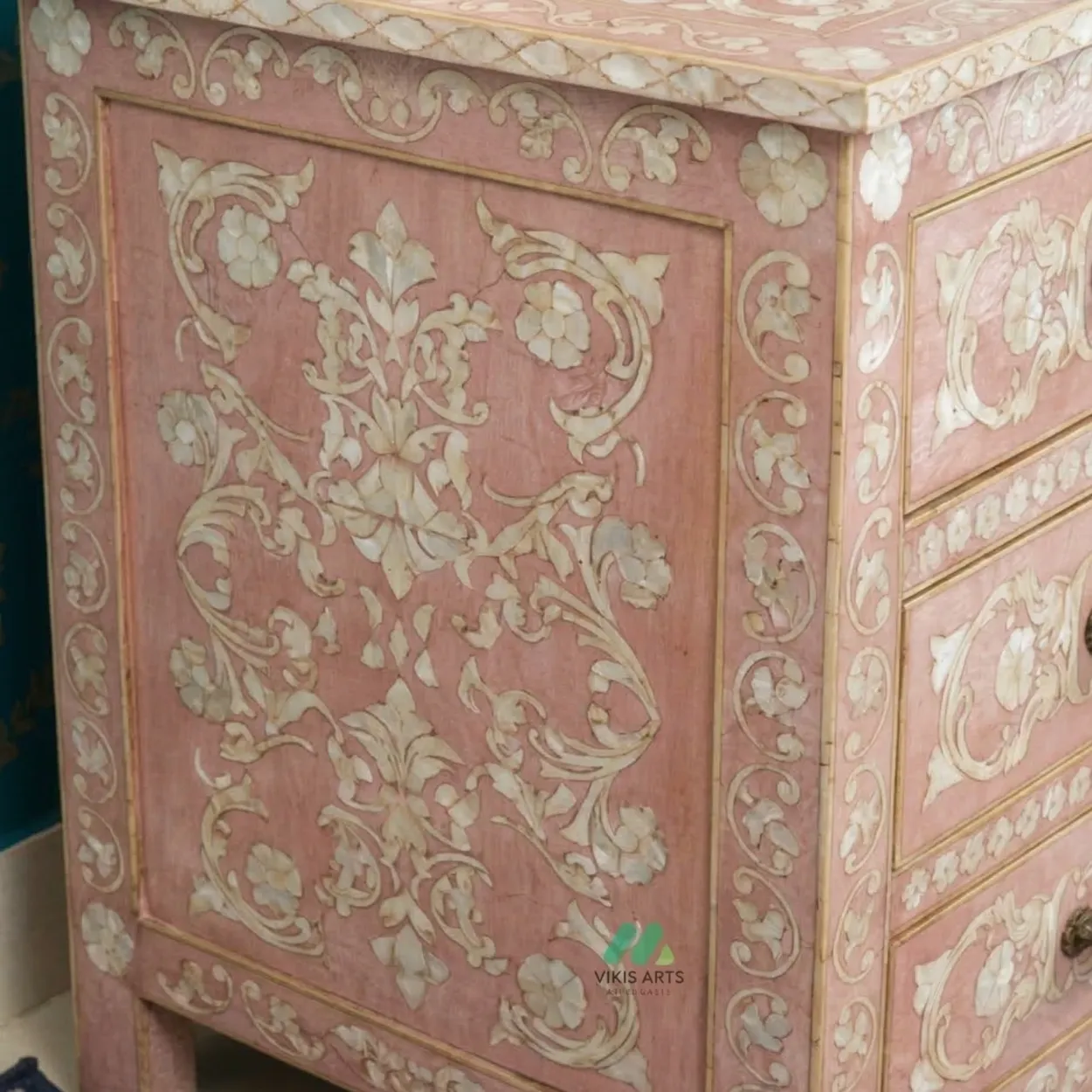 Mother Of Pearl Pink Bedside Table with 3 Drawers - Image 5