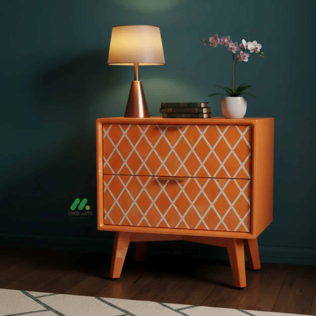 Mother Of Pearl Orange Bedside Table with 2 Drawers - Image 4