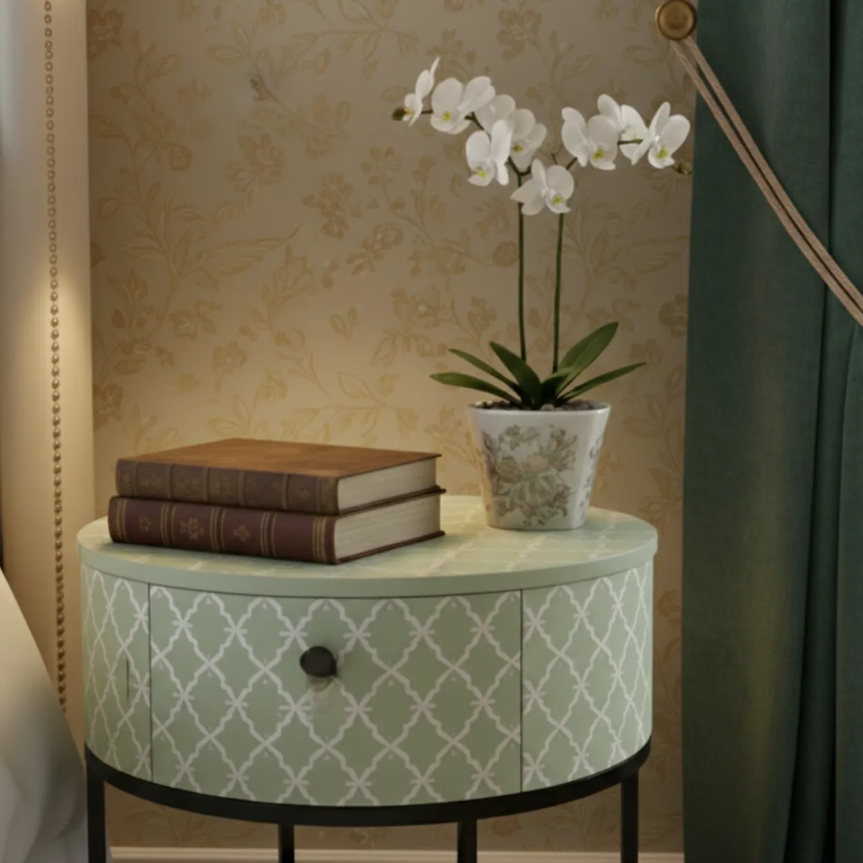 Bone Inlay Light Green Round Bedside Table - Image 3