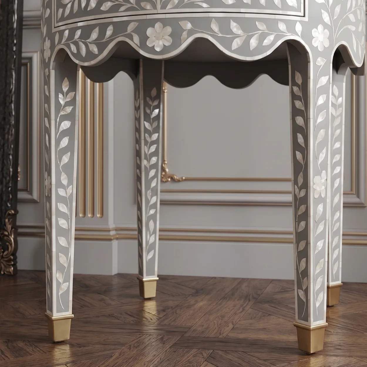 Mother of Pearl Round Grey Bedside Table - Image 3