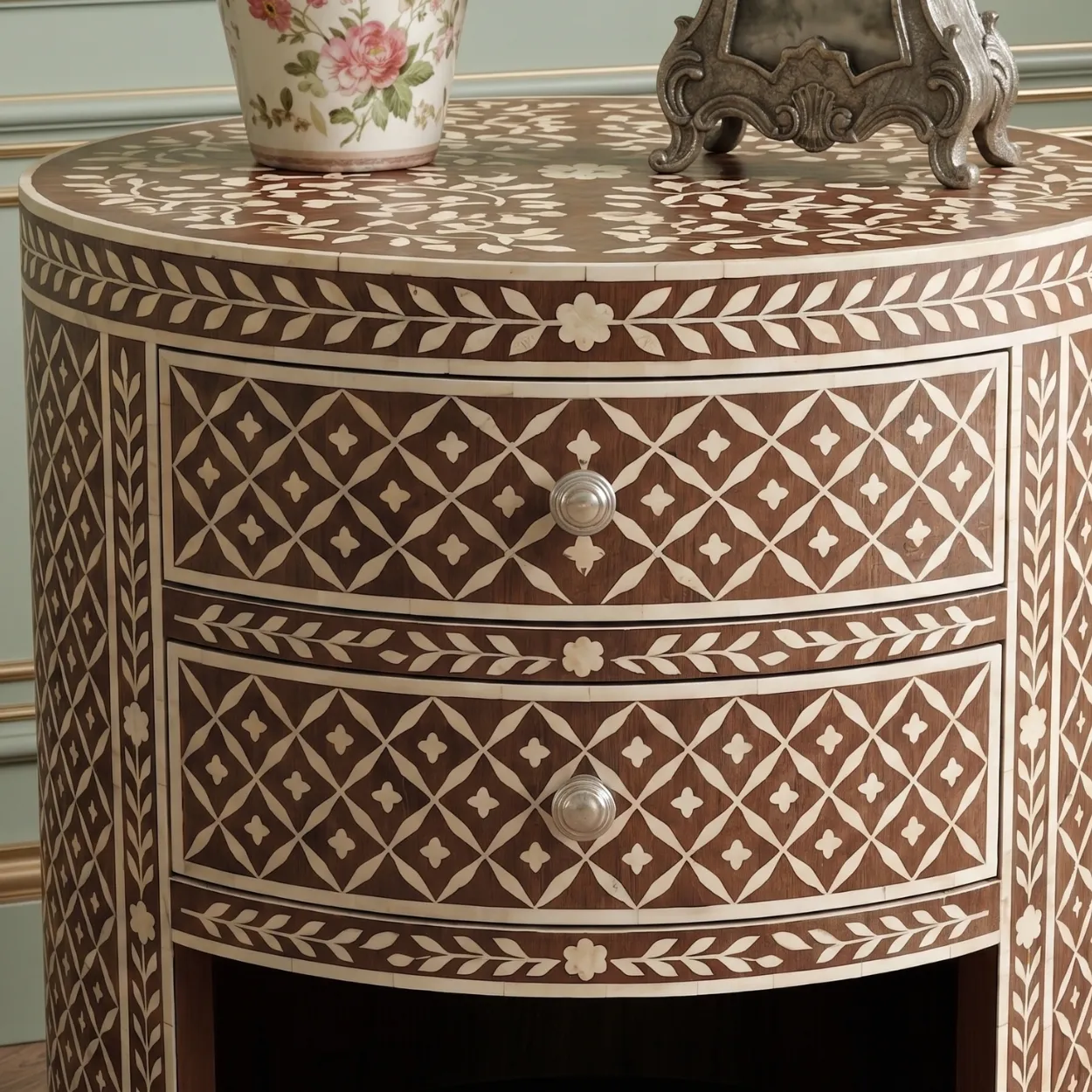 Bone Inlay Wooden Round Bedside Table - Image 6