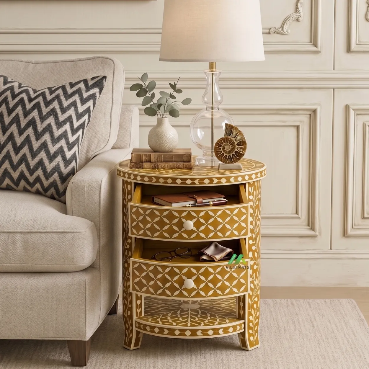 Bone Inlay Yellow Round Bedside Table - Image 5