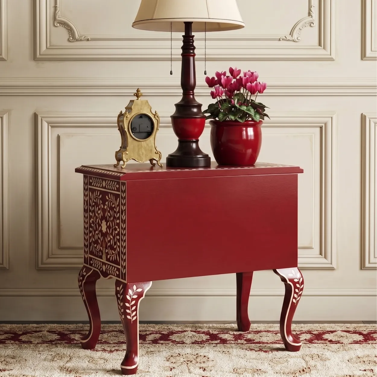 Bone Inlay Red Bedside Table - Image 2