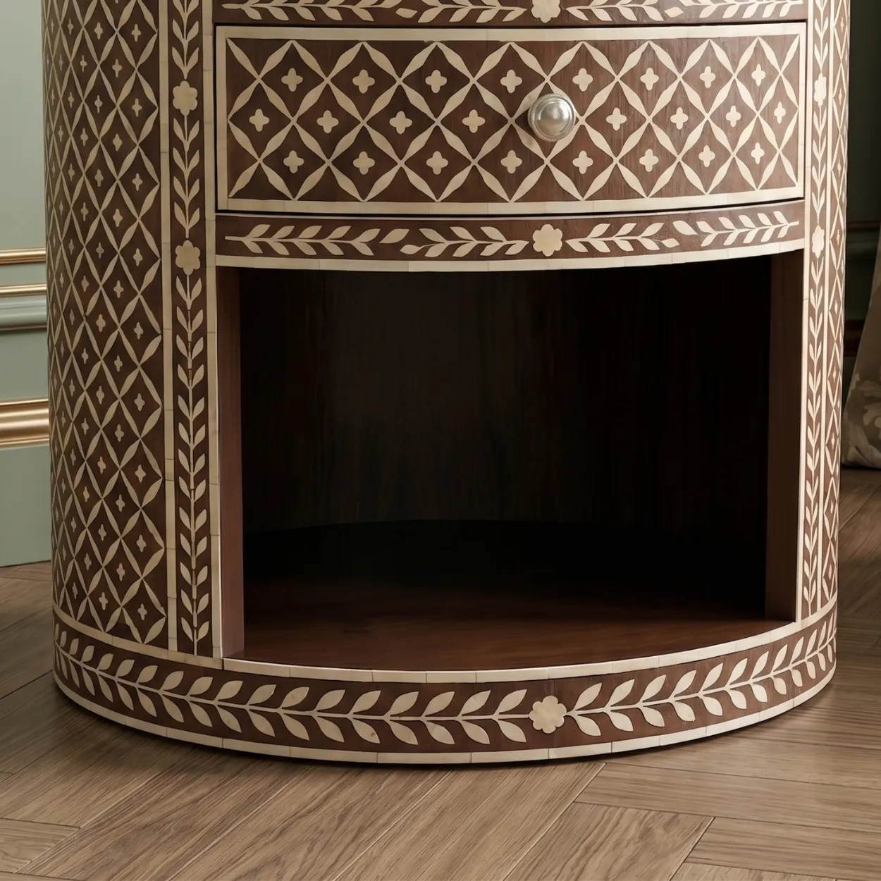 Bone Inlay Wooden Round Bedside Table - Image 7