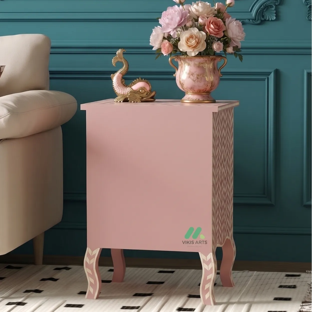 Bone Inlay Pink Bedside Table - Image 2
