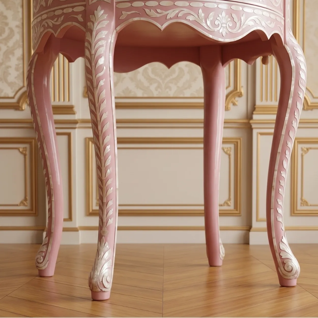 Bone Inlay Pink Round Bedside Table - Image 5