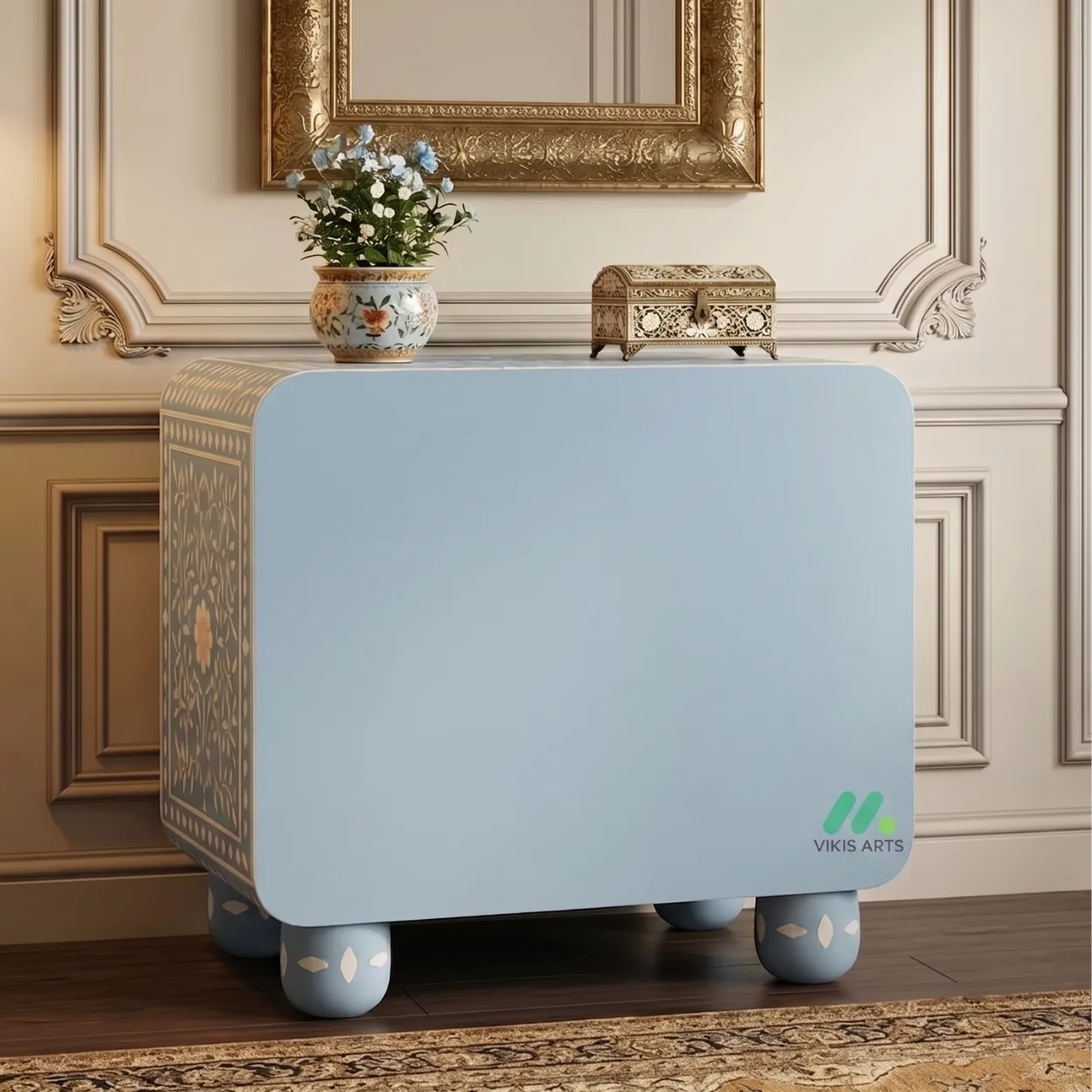 Bone Inlay Light Blue Bedside Table - Image 2