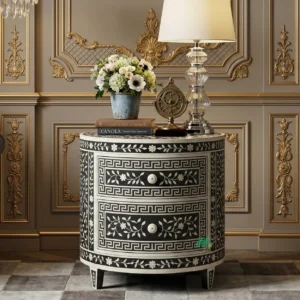 Bone Inlay Black Round Bedside Table