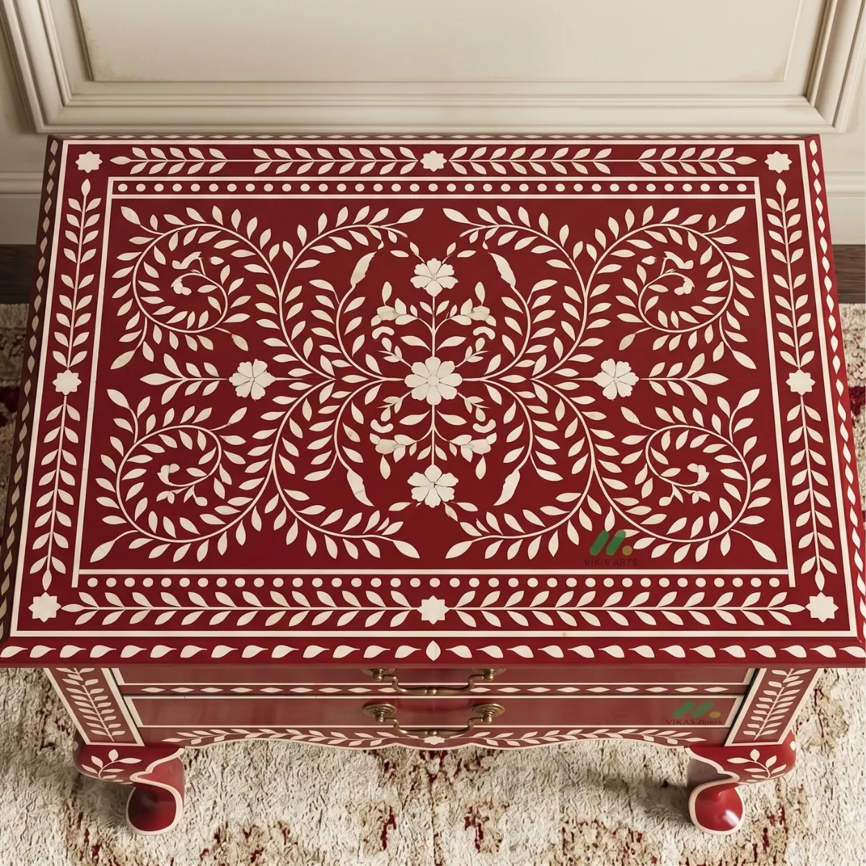 Bone Inlay Red Bedside Table - Image 3
