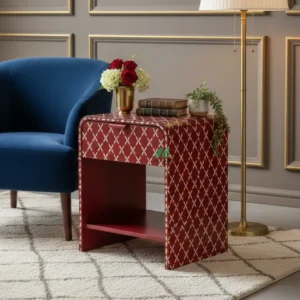 Bone Inlay Red Bedside Table
