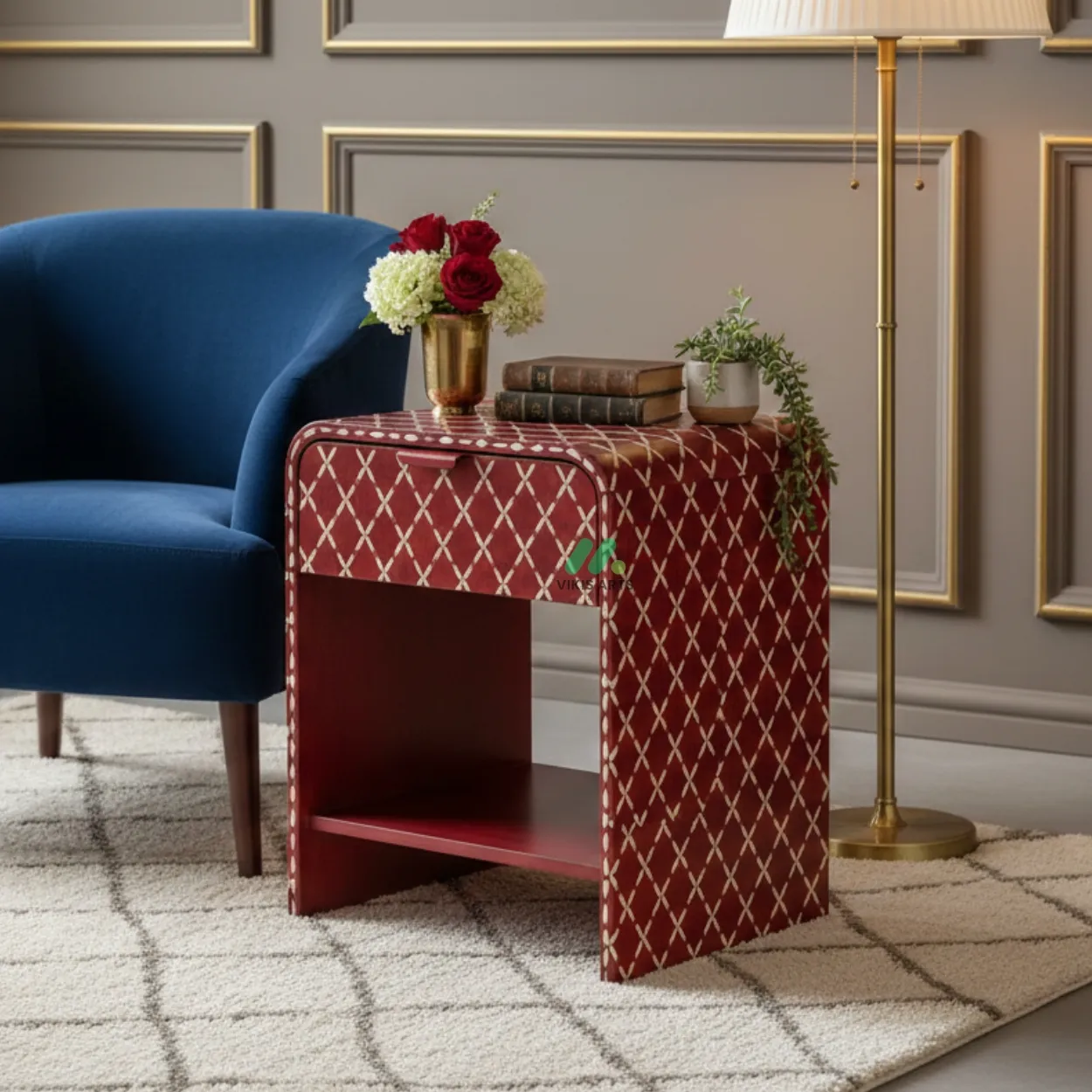 Bone Inlay Red Bedside Table