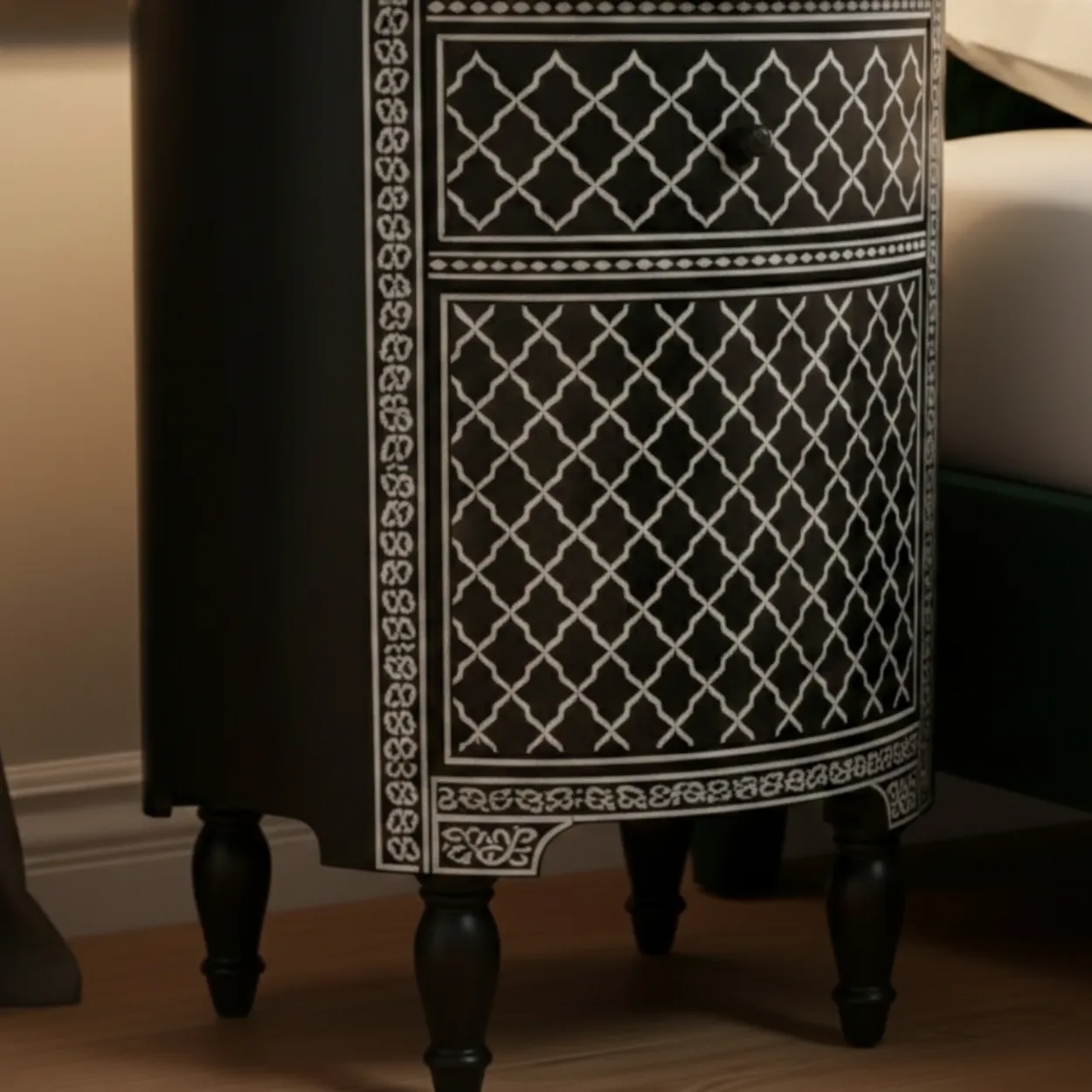 Bone Inlay Black Bedside Table with 2 Drawers - Image 4