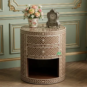 Bone Inlay Wooden Round Bedside Table