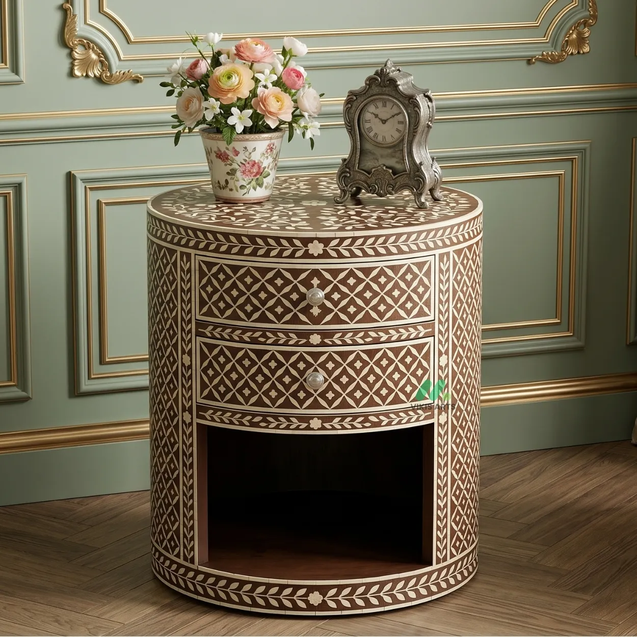 Bone Inlay Wooden Round Bedside Table