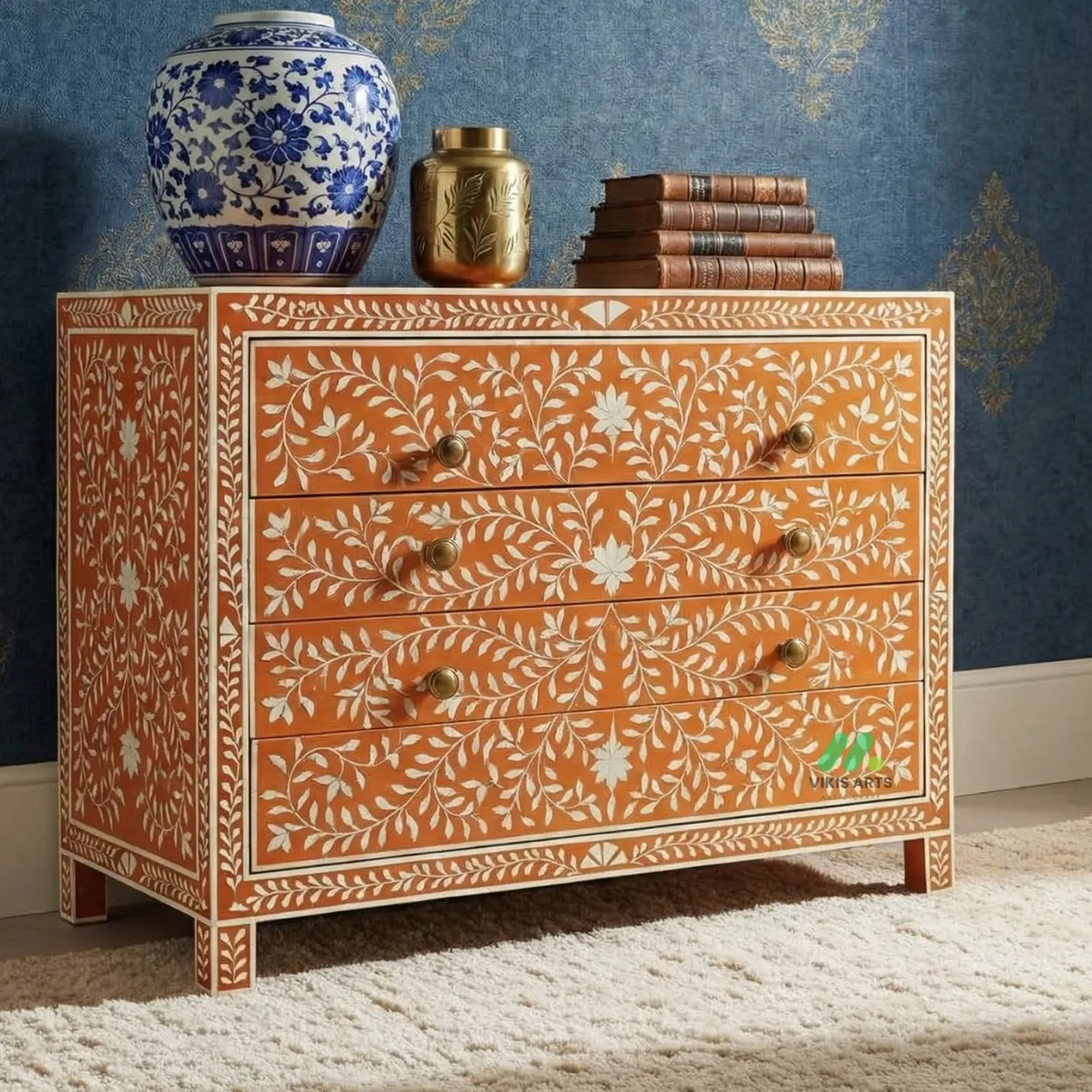 Bone Inlay Orange 4 Chest of Drawer