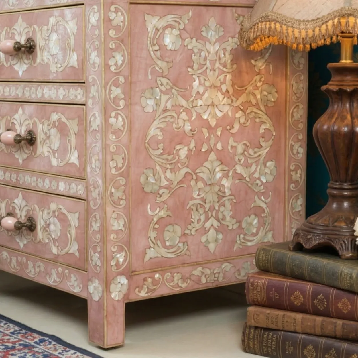 Mother Of Pearl Pink Bedside Table with 3 Drawers - Image 6
