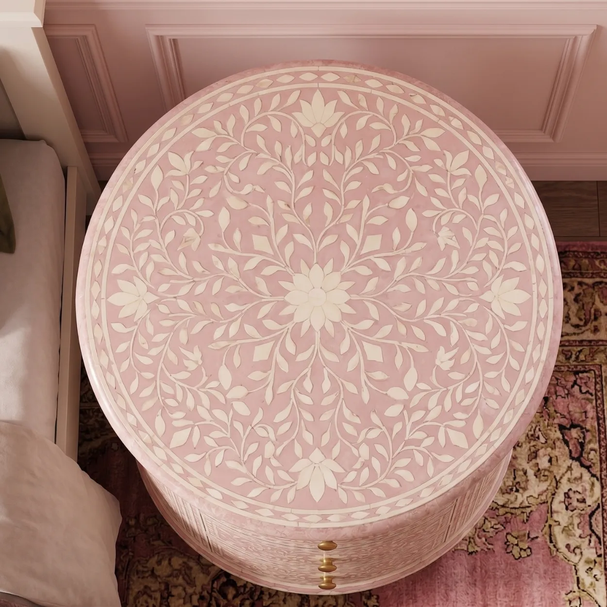 Bone Inlay Pink Round Bedside Table - Image 3