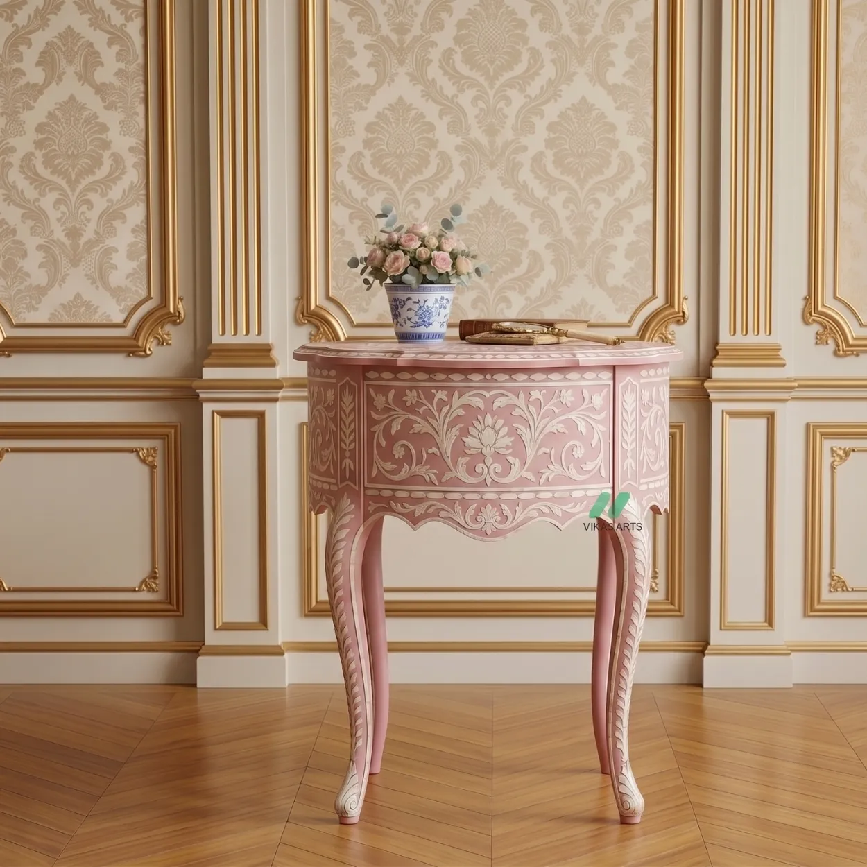 Bone Inlay Pink Round Bedside Table - Image 4