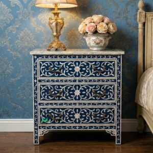 Mother Of Pearl Navy Blue Bedside Table with 3 Drawer