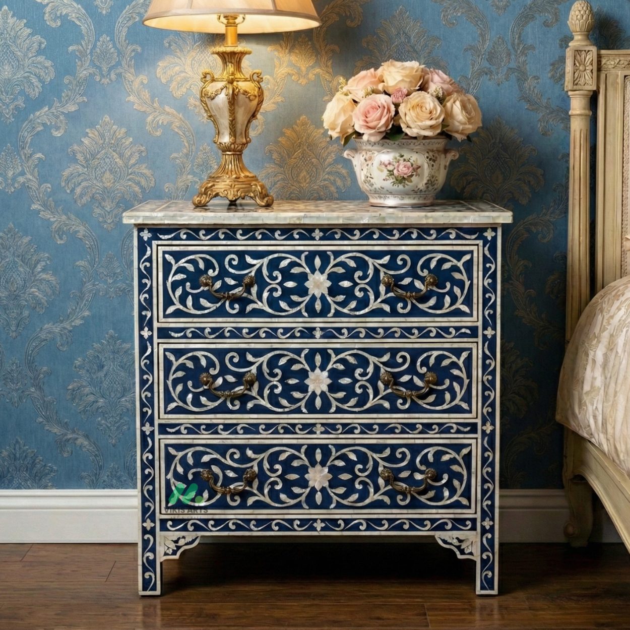 Mother Of Pearl Navy Blue Bedside Table with 3 Drawer