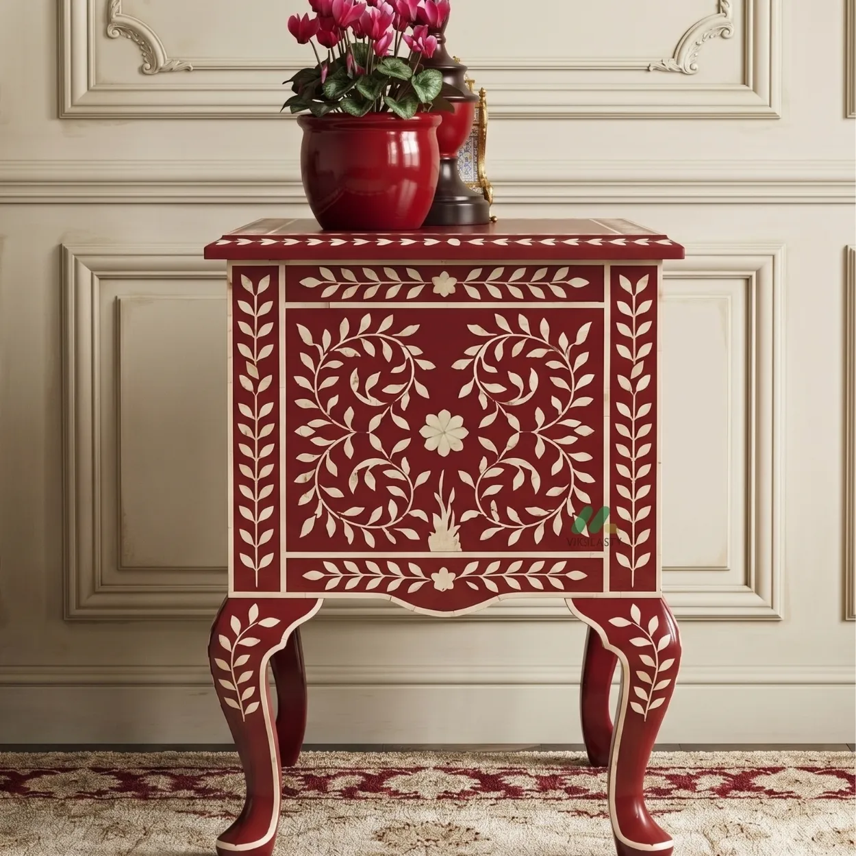 Bone Inlay Red Bedside Table - Image 4