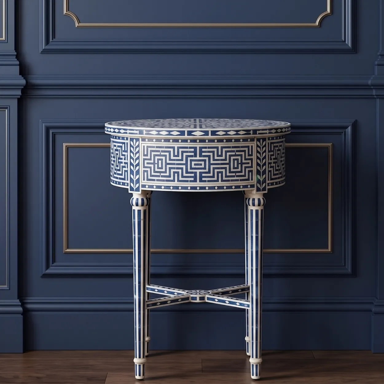 Bone Inlay Blue Round Bedside Table - Image 2