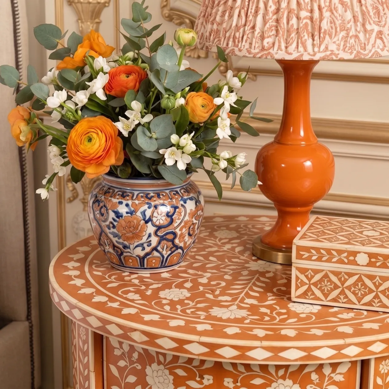 Bone Inlay Orange Bedside Table - Image 3
