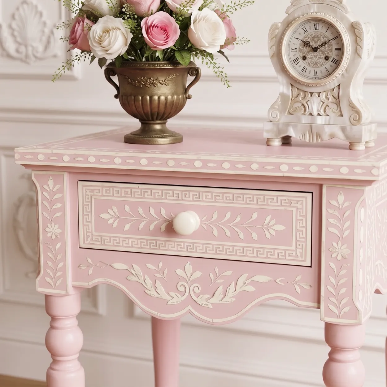 Bone Inlay Pink Bedside Table - Image 6