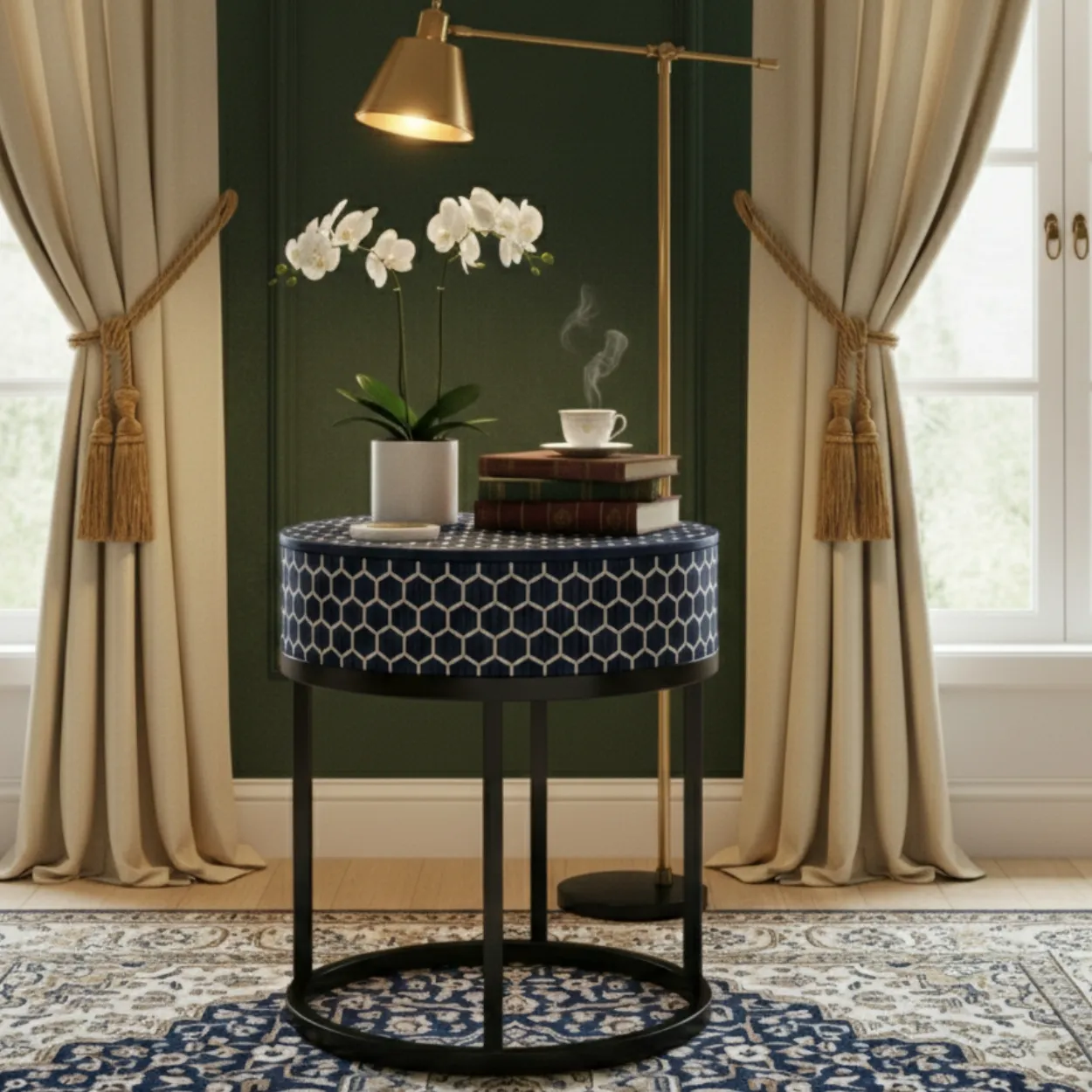 Bone Inlay Blue Round Bedside Table with 2 Drawers - Image 2
