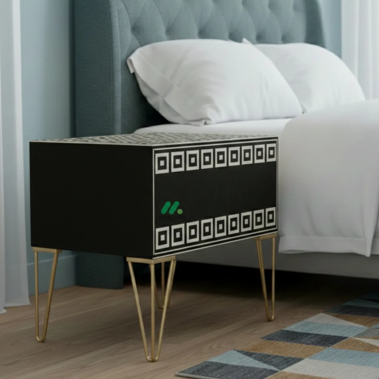 Bone Inlay Black Bedside Table with 2 Drawer - Image 2