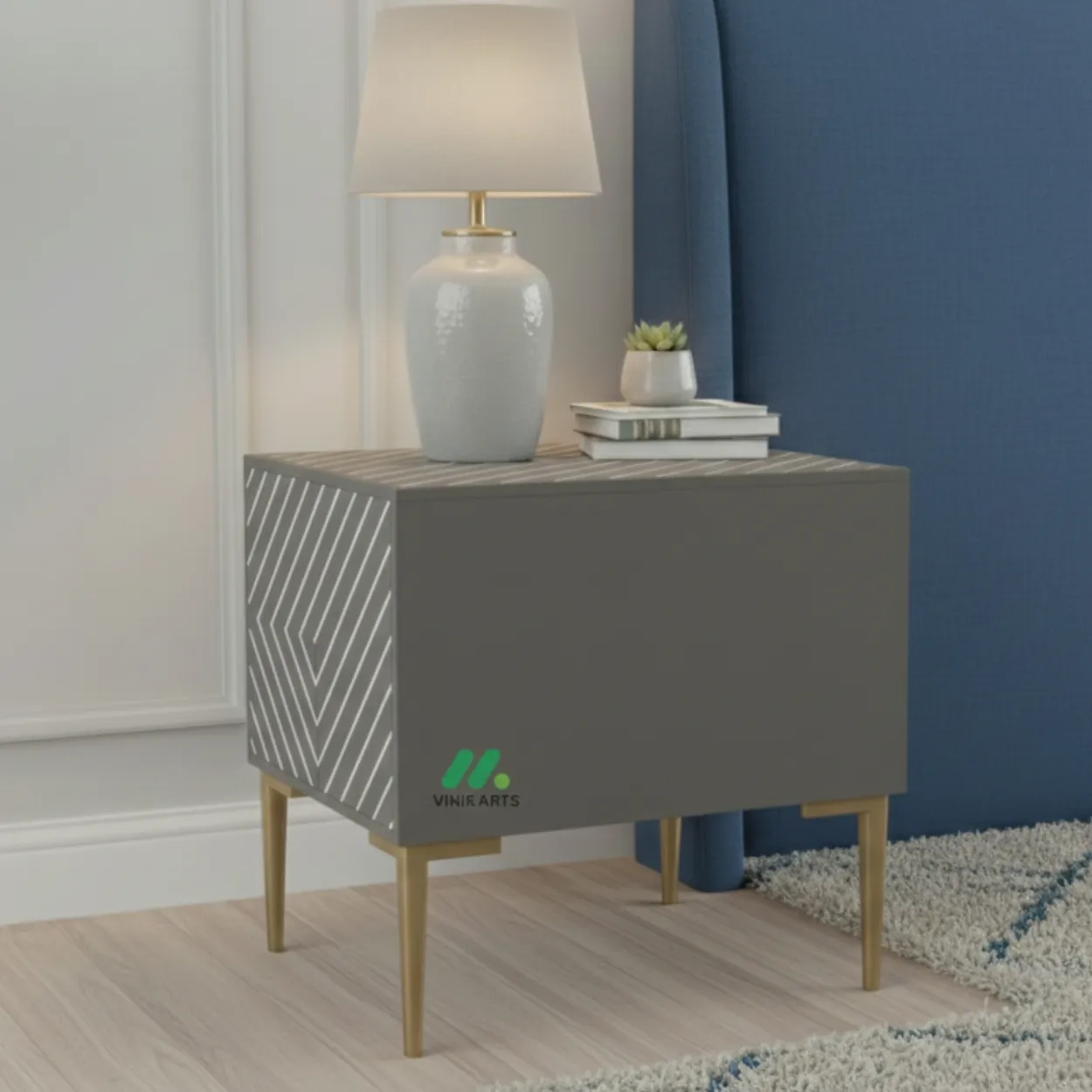 Bone Inlay Grey Bedside Table with 2 Drawer - Image 2