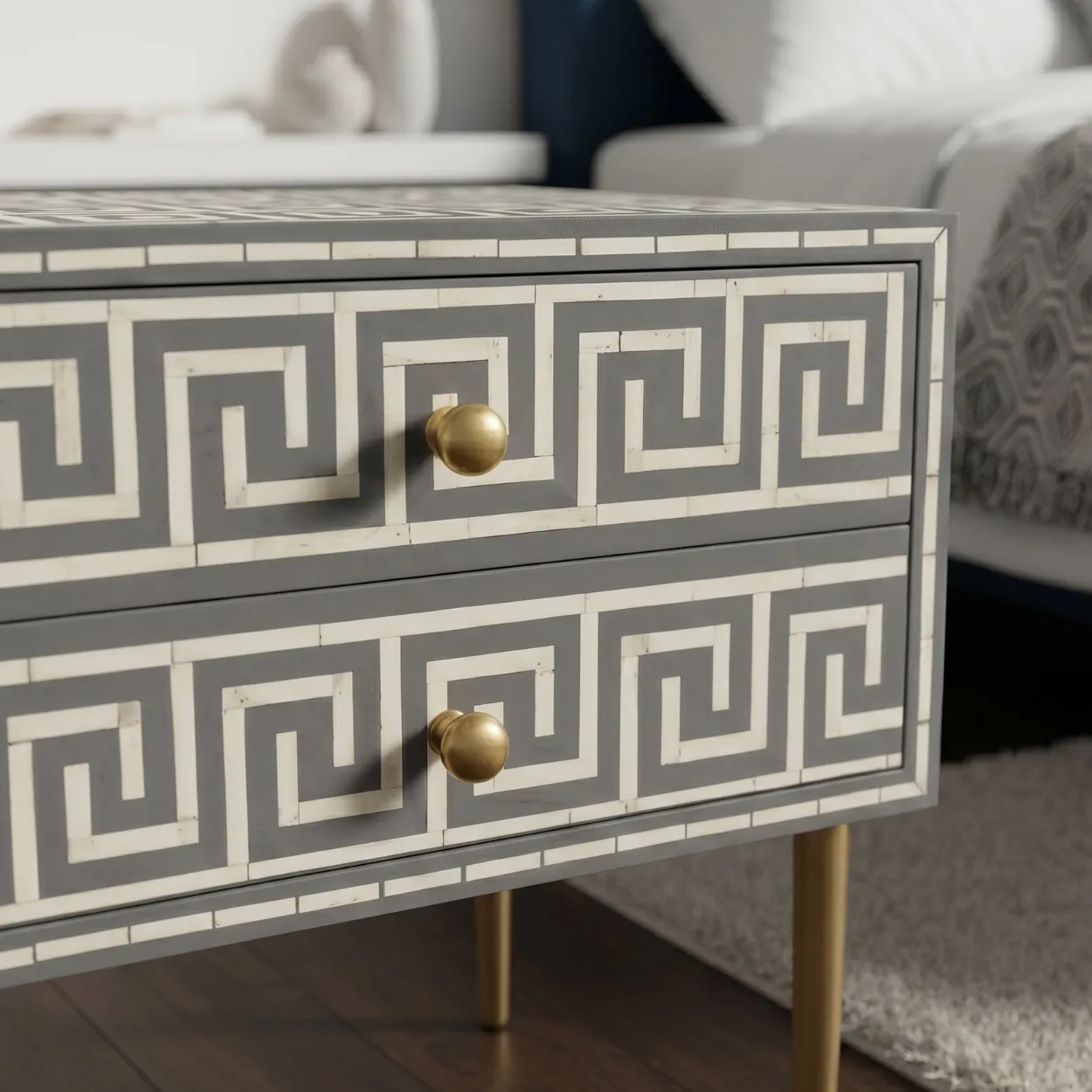 Bone Inlay Grey Bedside Table with 2 Drawer - Image 5