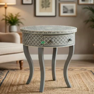Bone Inlay Grey Round Bedside Table with 1 Drawer