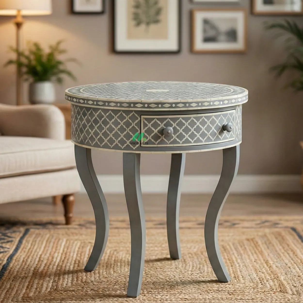 Bone Inlay Grey Round Bedside Table with 1 Drawer